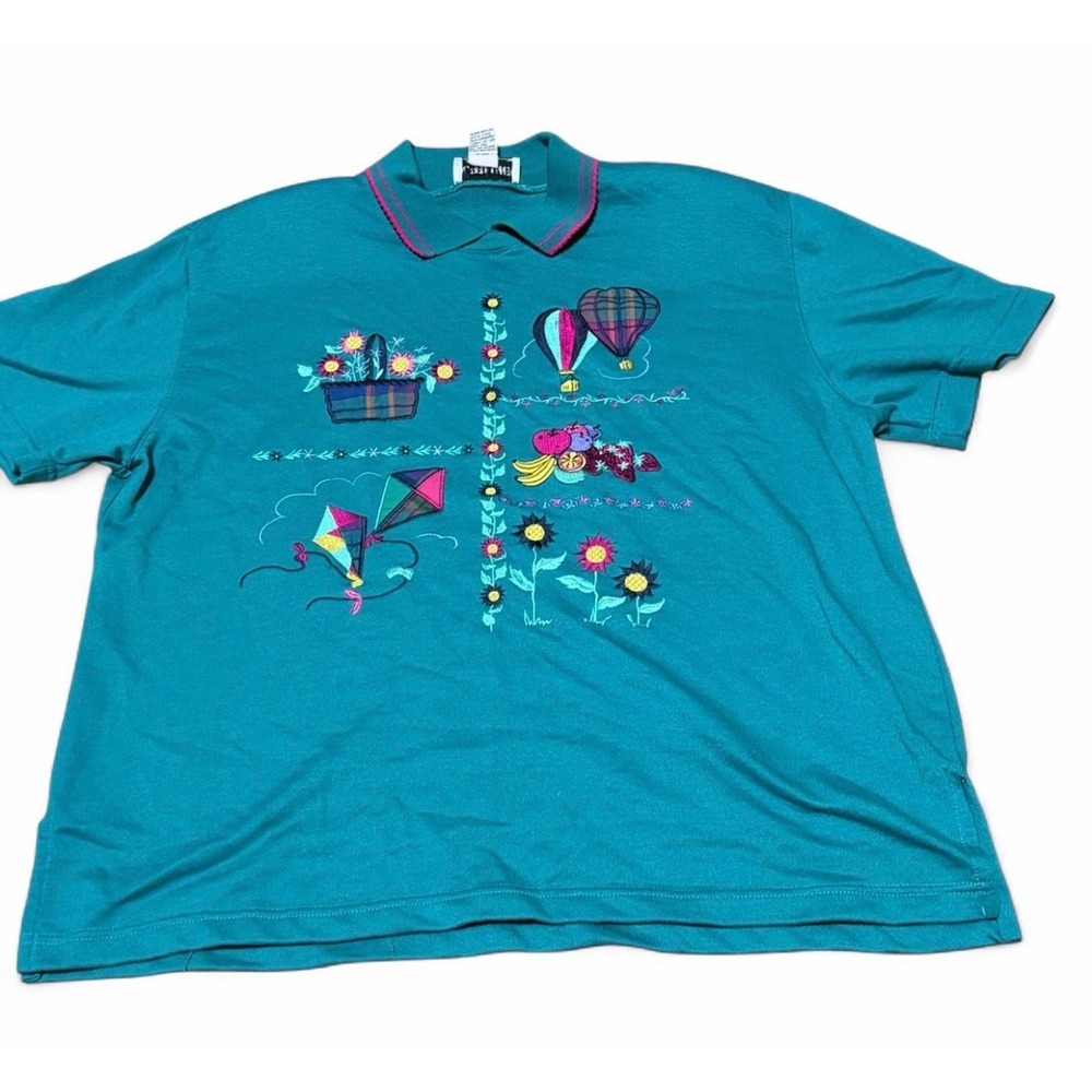 Vintage Alfred Dunner Embroidered Fruit Polo Shirt Women's‎ Large Teal USA